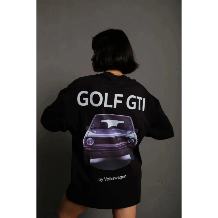 Kadın Oversize Tişört Golf GTI Retro Araba Baskılı T-shirt - Siyah