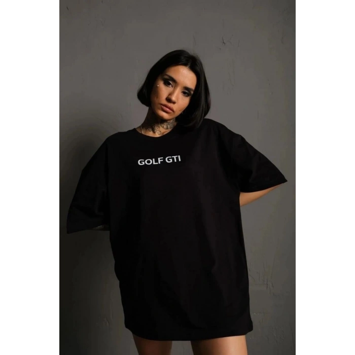 Kadın Oversize Tişört Golf GTI Retro Araba Baskılı T-shirt - Siyah
