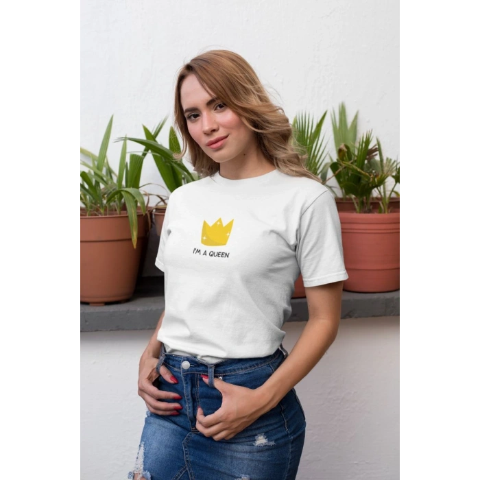 Kadın Özel Baskılı Modern Fit %100 Pamuk Bisiklet Yaka T-Shirt