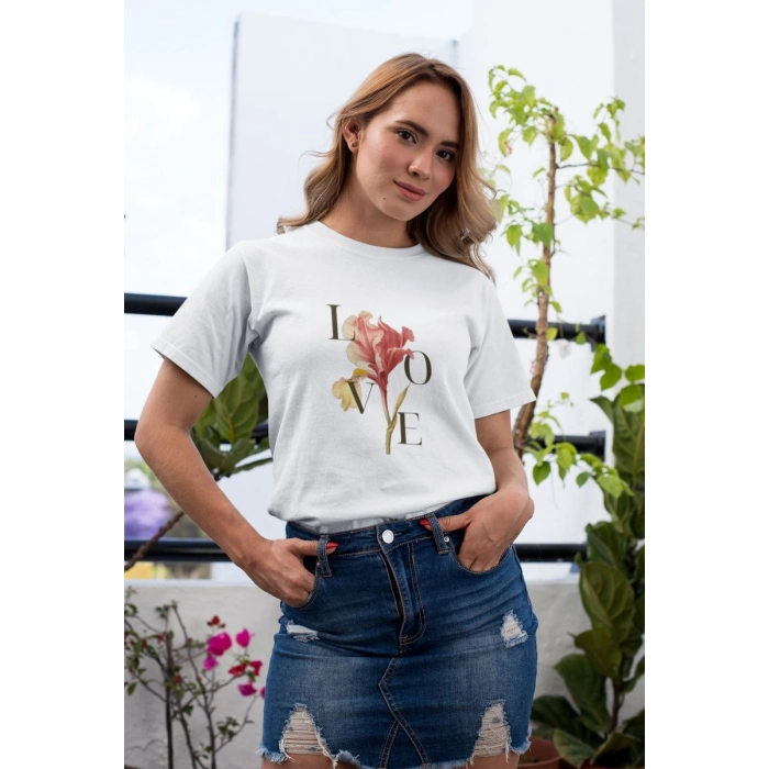 Kadın Özel Baskılı Modern Fit %100 Pamuk Bisiklet Yaka T-Shirt