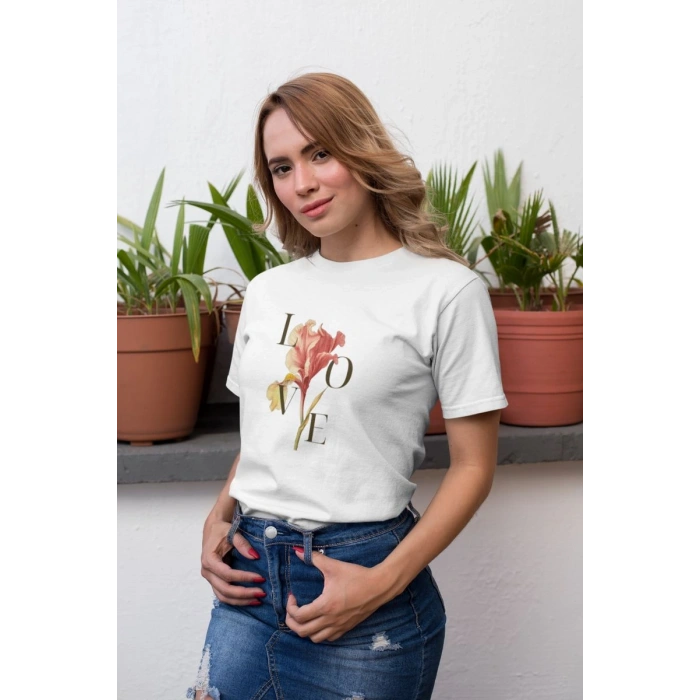 Kadın Özel Baskılı Modern Fit %100 Pamuk Bisiklet Yaka T-Shirt