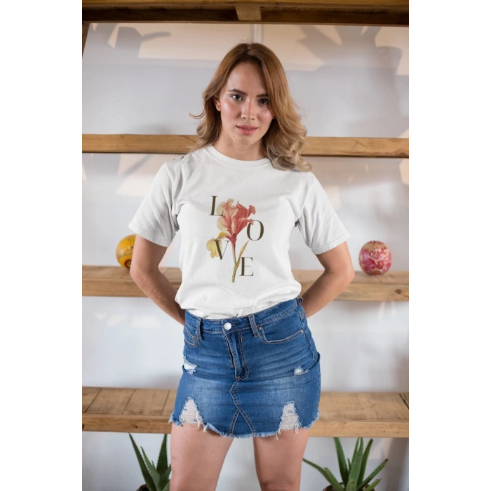 Kadın Özel Baskılı Modern Fit %100 Pamuk Bisiklet Yaka T-Shirt