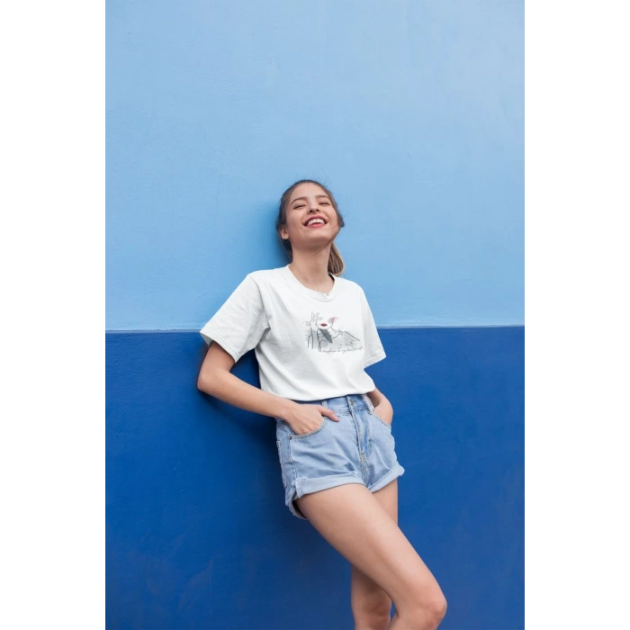 Kadın Özel Baskılı Modern Fit %100 Pamuk Bisiklet Yaka T-Shirt