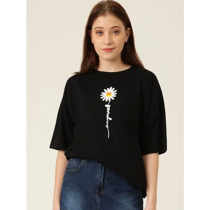 Kadın Papatya Baskılı T-Shirt Kısa Kol Bisiklet Yaka Oversize  Tişört - Siyah