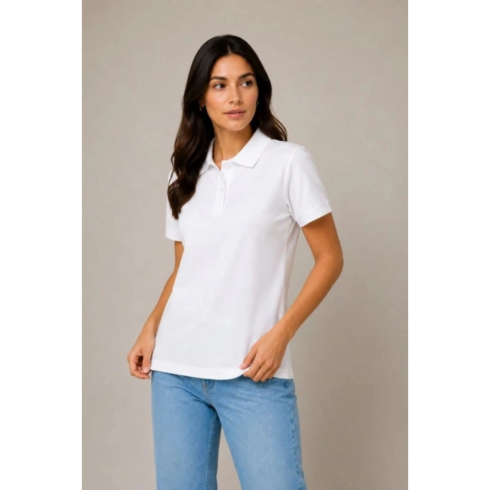 Kadın Polo Yaka Pike Kumaş Düğmeli Basic Tişört Günlük Rahat - Beyaz
