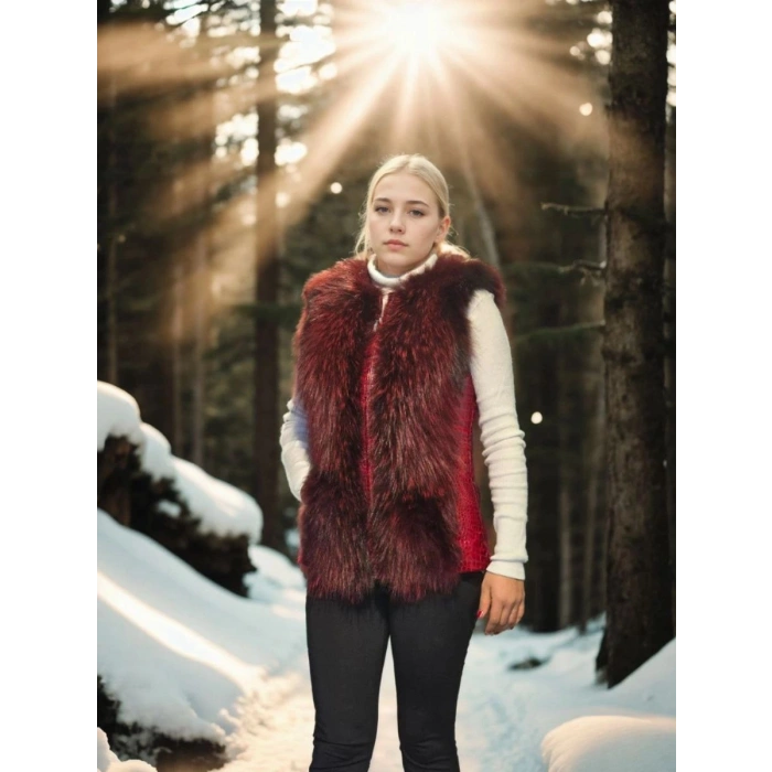 Kadın Premium Doğal Kürk Kolsuz Fermuarlı Yelek - Kırmızı