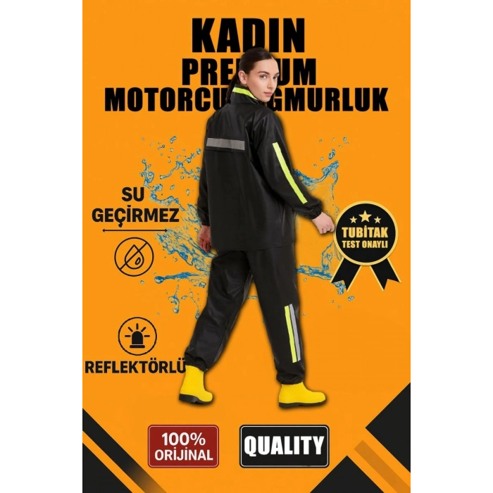 Kadın Premium Motorcu Kurye Yağmurluk Takım Su Geçirmez PVC Reflektörlü Siyah