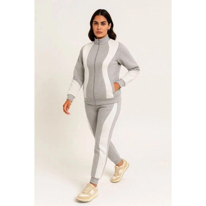 Kadın Premium Parçalı Eşofman Alt-Üst Takım - Dik Yaka Fermuarlı Sweatshirt - Gri