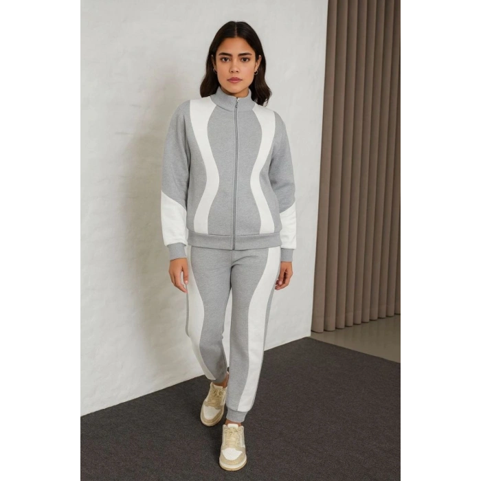 Kadın Premium Parçalı Eşofman Alt-Üst Takım - Dik Yaka Fermuarlı Sweatshirt - Gri