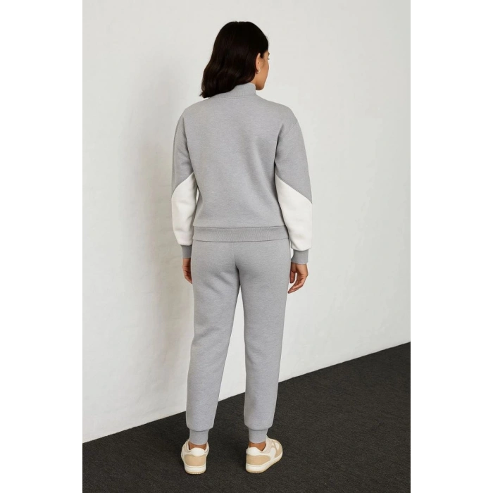 Kadın Premium Parçalı Eşofman Alt-Üst Takım - Dik Yaka Fermuarlı Sweatshirt - Gri