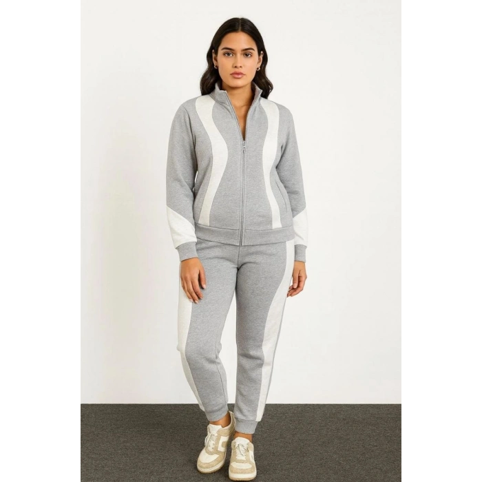 Kadın Premium Parçalı Eşofman Alt-Üst Takım - Dik Yaka Fermuarlı Sweatshirt - Gri