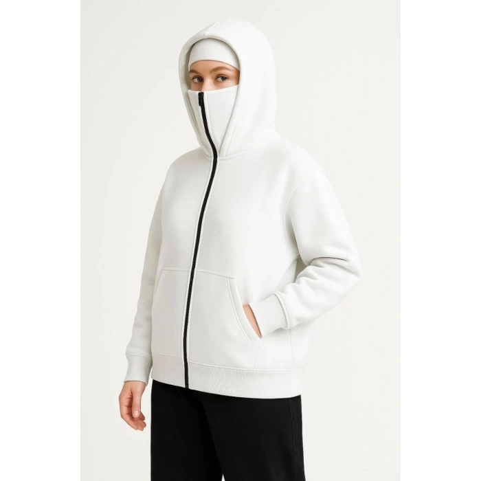 Kadın Samuray Ninja Çift Kapüşonlu Maske Detaylı 3 İplik Hoodie - Beyaz