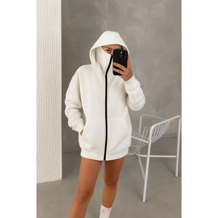 Kadın Samuray Ninja Çift Kapüşonlu Maske Detaylı 3 İplik Hoodie - Beyaz