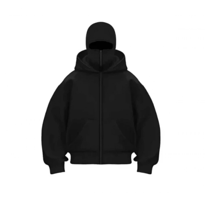 Kadın Samuray Ninja Çift Kapüşonlu Maske Detaylı 3 İplik Hoodie - Siyah