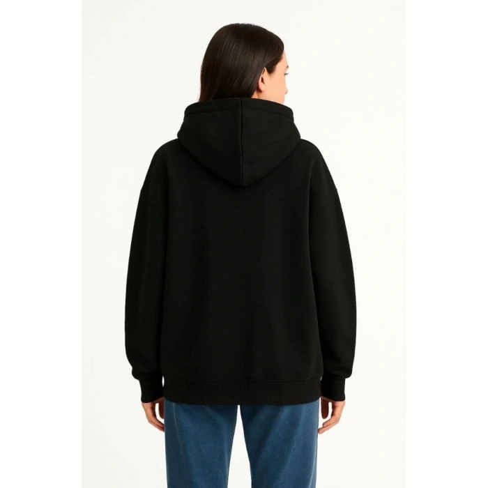 Kadın Samuray Ninja Çift Kapüşonlu Maske Detaylı 3 İplik Hoodie - Siyah
