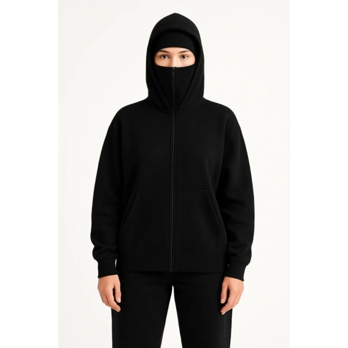 Kadın Samuray Ninja Çift Kapüşonlu Maske Detaylı 3 İplik Hoodie - Siyah