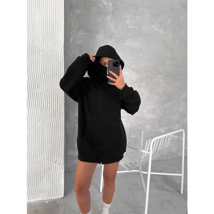 Kadın Samuray Ninja Çift Kapüşonlu Maske Detaylı 3 İplik Hoodie - Siyah