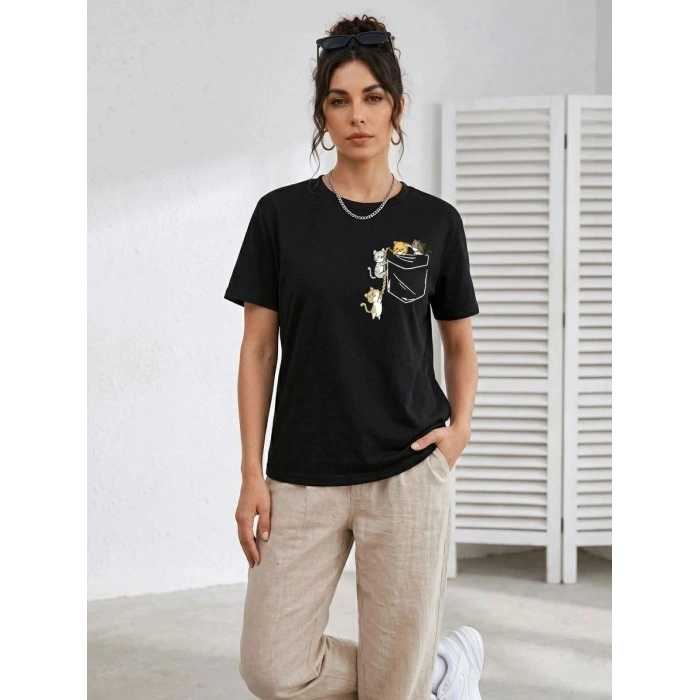 Kadın Sevimli Kedi Cep Baskılı Tişört Kısa Kol Yazlık T-Shirt - Siyah