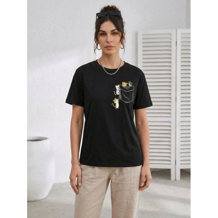 Kadın Sevimli Kedi Cep Baskılı Tişört Kısa Kol Yazlık T-Shirt - Siyah