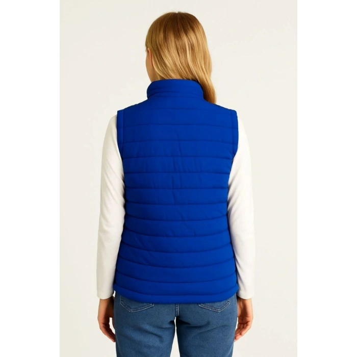 Kadın Şişme Fermuarlı Su İtici Kapitone Astarlı, Cepli Yelek - Saks Mavisi