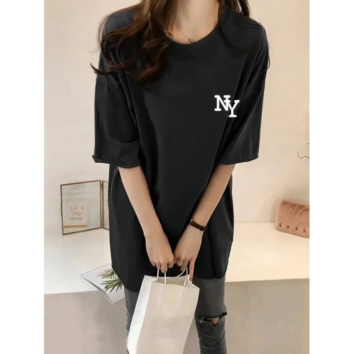 Kadın T-shirt Bisiklet yaka  NY Baskılı kısa kol Tişört - Siyah
