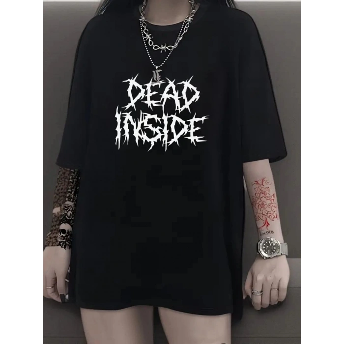 Kadın T-shirt Bisiklet Yaka Oversize Kısa Kollu Tişört - Siyah