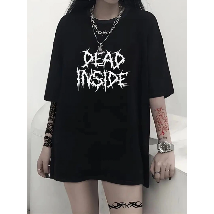 Kadın T-shirt Bisiklet Yaka Oversize Kısa Kollu Tişört - Siyah