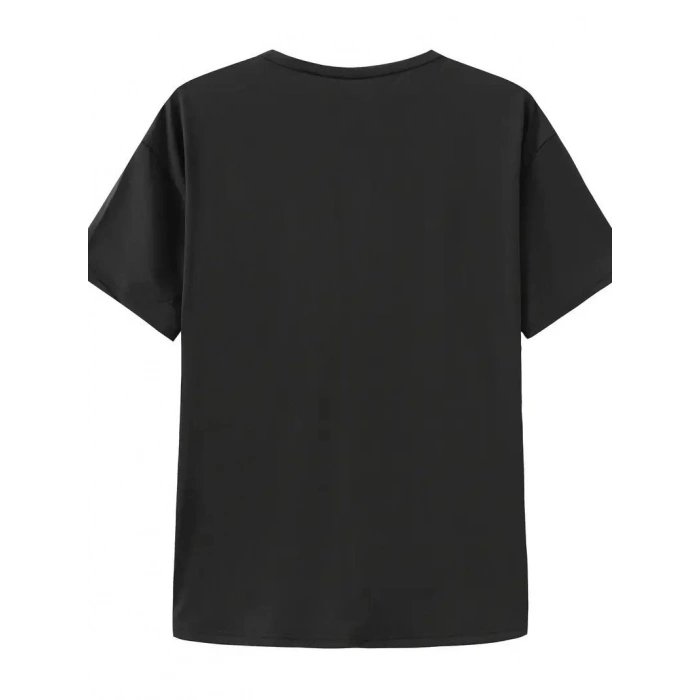 Kadın T-shirt Bisiklet Yaka Oversize Kısa Kollu Tişört - Siyah