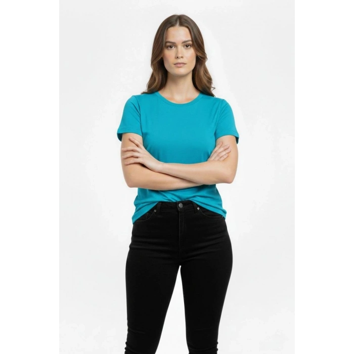 Kadın T-Shirt Bisiklet Yaka Slim Fit Likralı Tişört Yazlık Basic Body - Turkuvaz