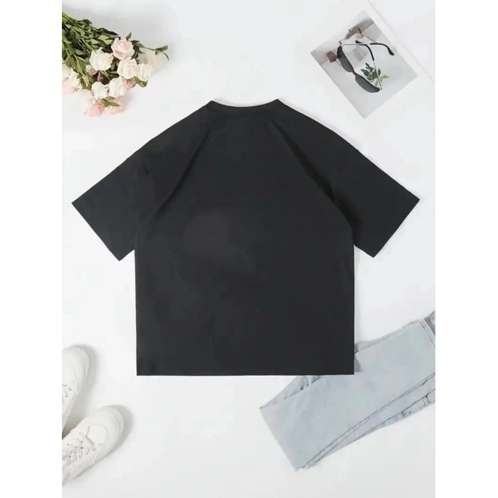 Kadın T-Shirt Ördek Baskılı Bisiklet Yakalı Kısa kol Tişört - Siyah
