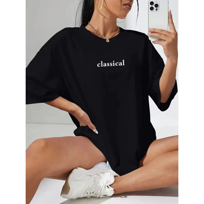 Kadın T-shirt Penye Compack Classical Baskılı Kısa kol Tişört - Siyah