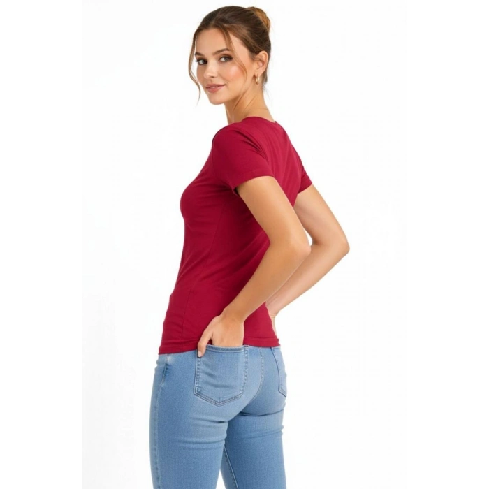 Kadın T-Shirt V Yaka Slim Fit Likralı Tişört Yazlık Basic Body - Kırmızı