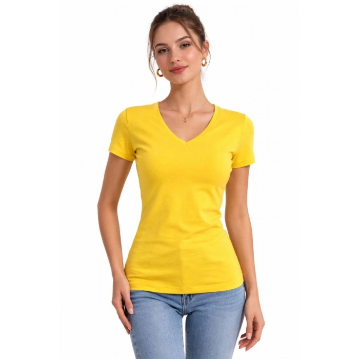 Kadın T-Shirt V Yaka Slim Fit Likralı Tişört Yazlık Basic Body - Sarı