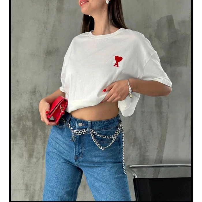 Kadın Tişört Bisiklet Yaka Baskılı Oversize Kısa Kol T-Shirt - Beyaz