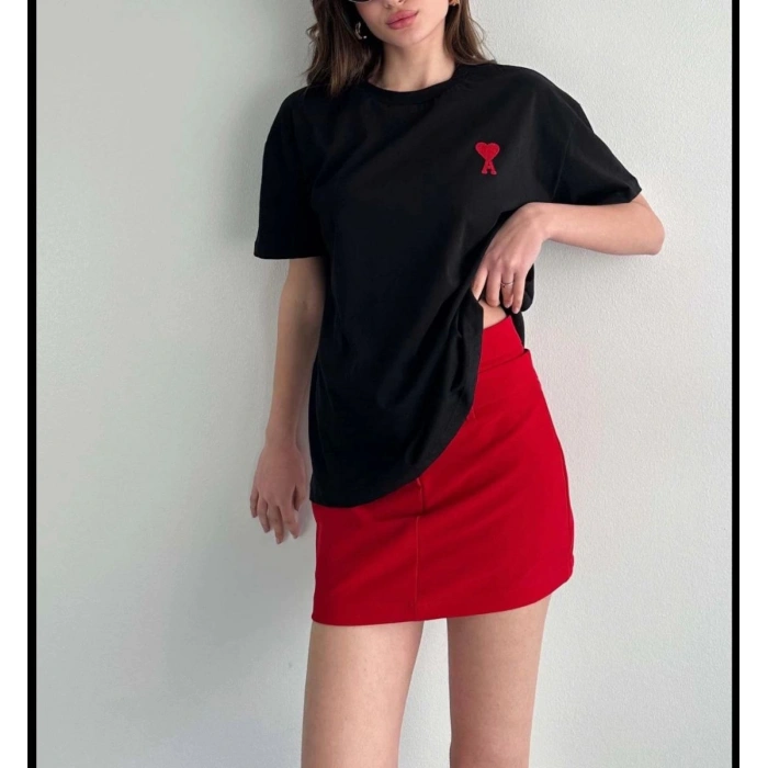 Kadın Tişört Bisiklet Yaka Baskılı Oversize Kısa Kol T-Shirt - Siyah