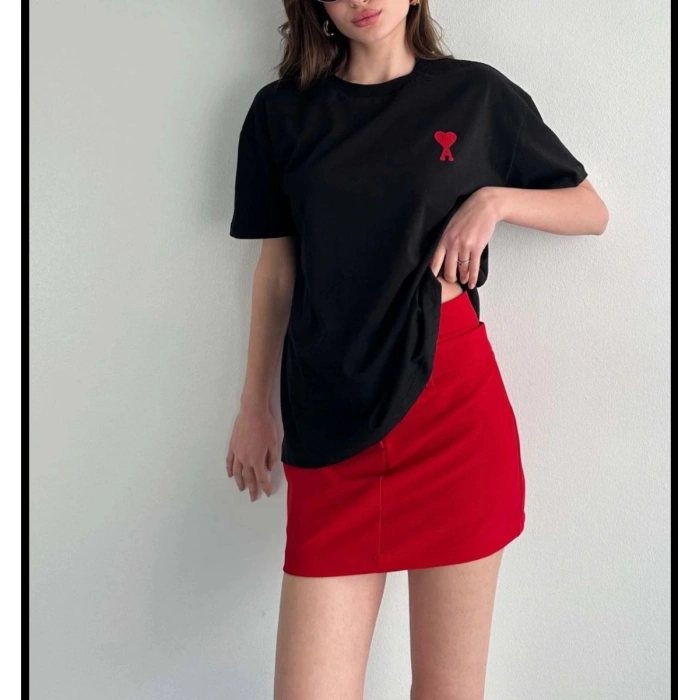 Kadın Tişört Bisiklet Yaka Baskılı Oversize Kısa Kol T-Shirt - Siyah