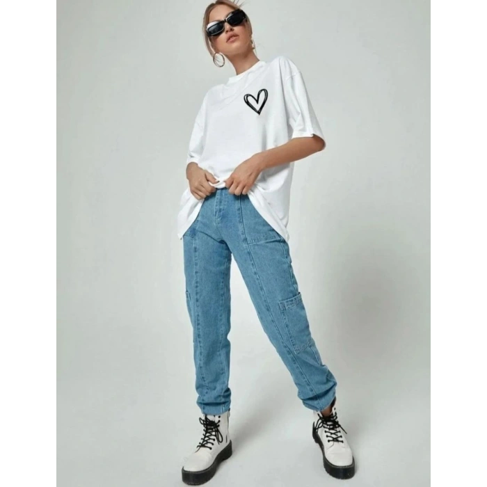 Kadın Tişört Bisiklet Yaka Baskılı Oversize T-Shirt - Beyaz