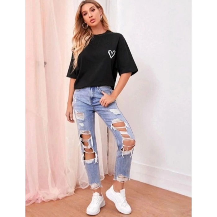 Kadın Tişört Bisiklet Yaka Baskılı Oversize T-Shirt - Siyah