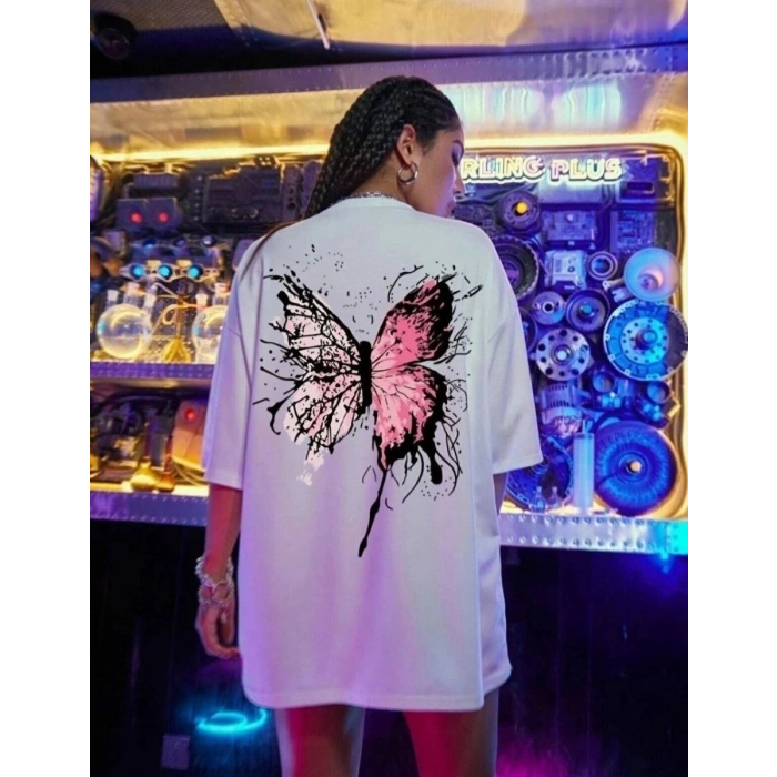 Kadın Tişört Kelebek Baskılı Oversize Kısa Kol T-Shirt - Beyaz