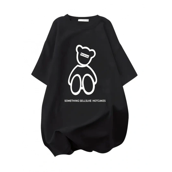 Kadın Tişört Penye Compack Baskılı Oversize Bisiklet Yaka T-shirt - Siyah