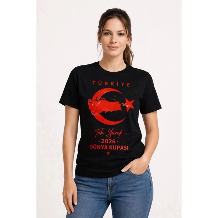 Kadın TÜRKİYE Ay Yıldız 2026 Dünya Kupasi Taraftar Forma T-Shirt - Siyah
