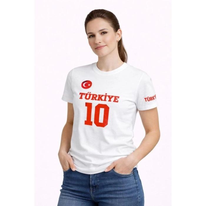 Kadın TÜRKİYE Ay Yıldız Baskılı 10 Numara Forma Tişört Taraftar T-Shirt - Beyaz