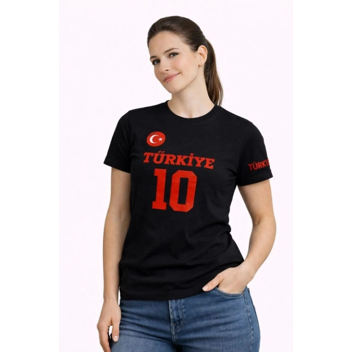 Kadın TÜRKİYE Ay Yıldız Baskılı 10 Numara Forma Tişört Taraftar T-Shirt - Siyah