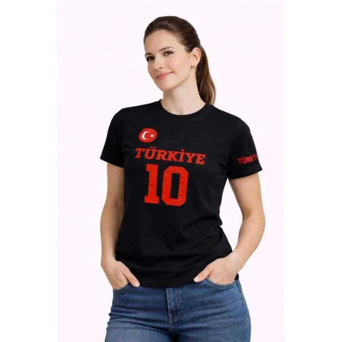 Kadın TÜRKİYE Ay Yıldız Baskılı 10 Numara Forma Tişört Taraftar T-Shirt - Siyah