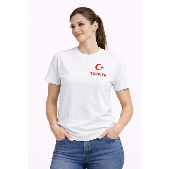 Kadın TÜRKİYE Ay Yıldız Baskılı Taraftar Forma T-Shirt - Beyaz