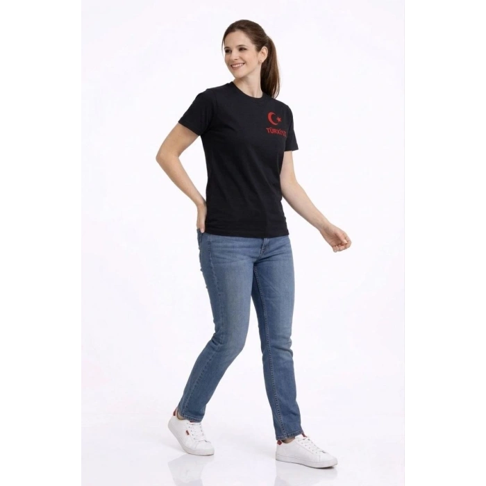 Kadın TÜRKİYE Ay Yıldız Baskılı Taraftar Forma T-Shirt - Siyah