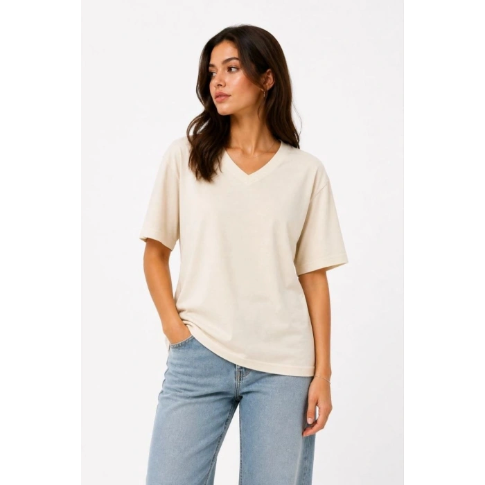 Kadın V Yaka Basic Tişört Kısa Kol Yazlık Regular Fit T-Shirt - Bej