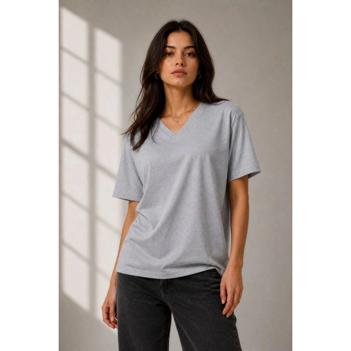 Kadın V Yaka Basic Tişört Kısa Kol Yazlık Regular Fit T-Shirt - Gri