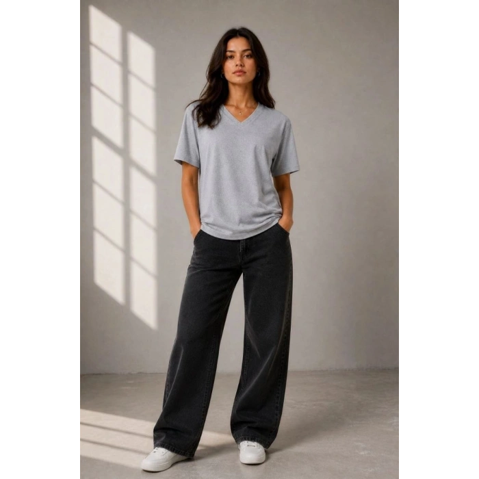 Kadın V Yaka Basic Tişört Kısa Kol Yazlık Regular Fit T-Shirt - Gri