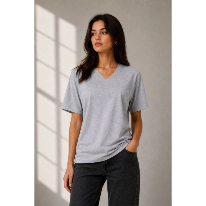 Kadın V Yaka Basic Tişört Kısa Kol Yazlık Regular Fit T-Shirt - Gri